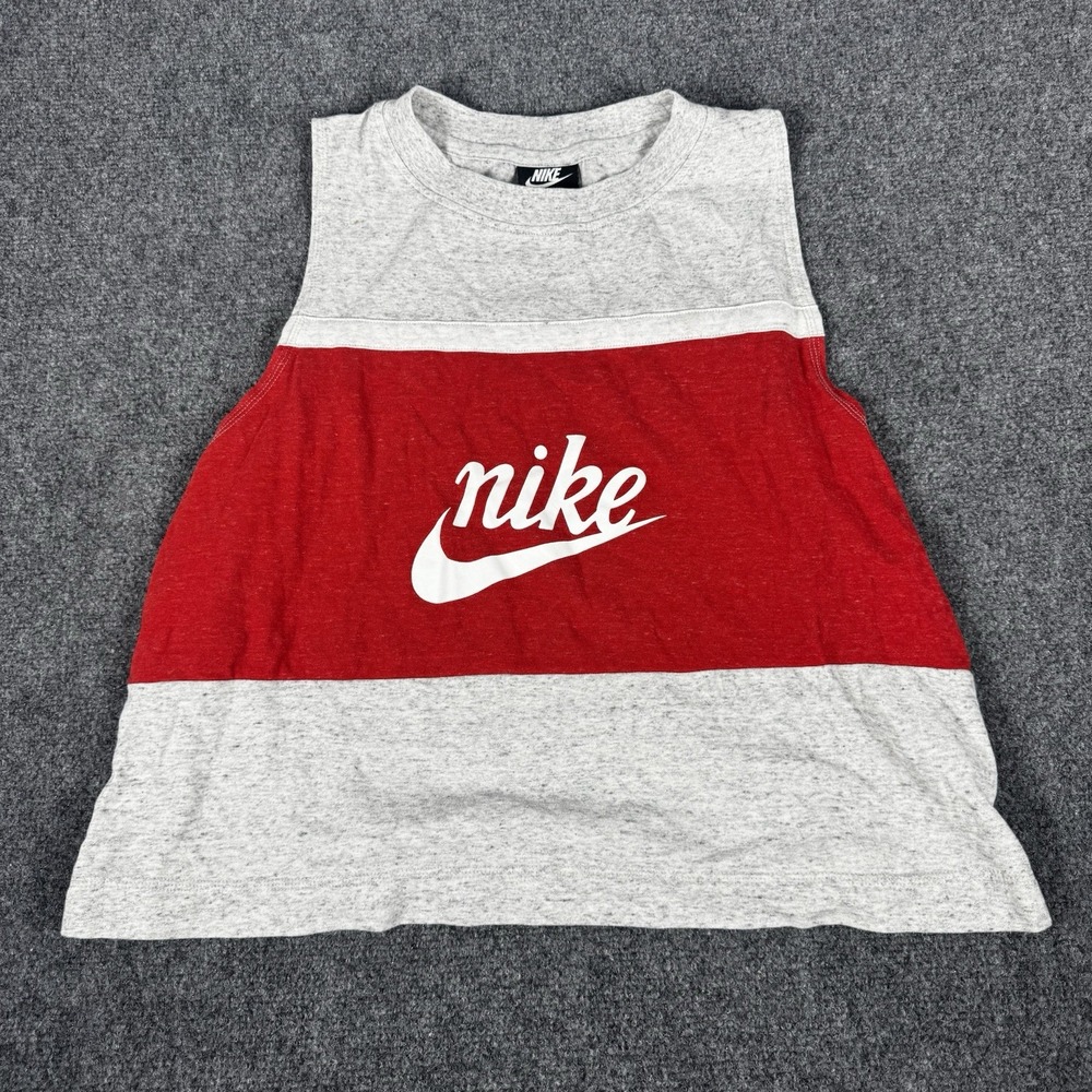 Nike Sportswear Women Varsity HBR Crop Tank Top Gray Red Muscle Shirt XL
